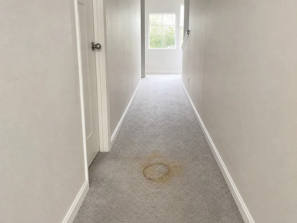 Hallway carpet, pet stain before cleaning