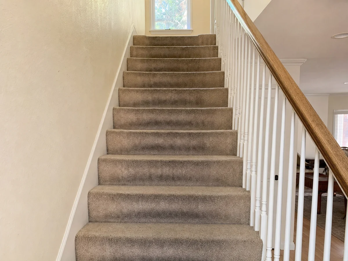 Carpeted stairs, soiled treads before cleaning