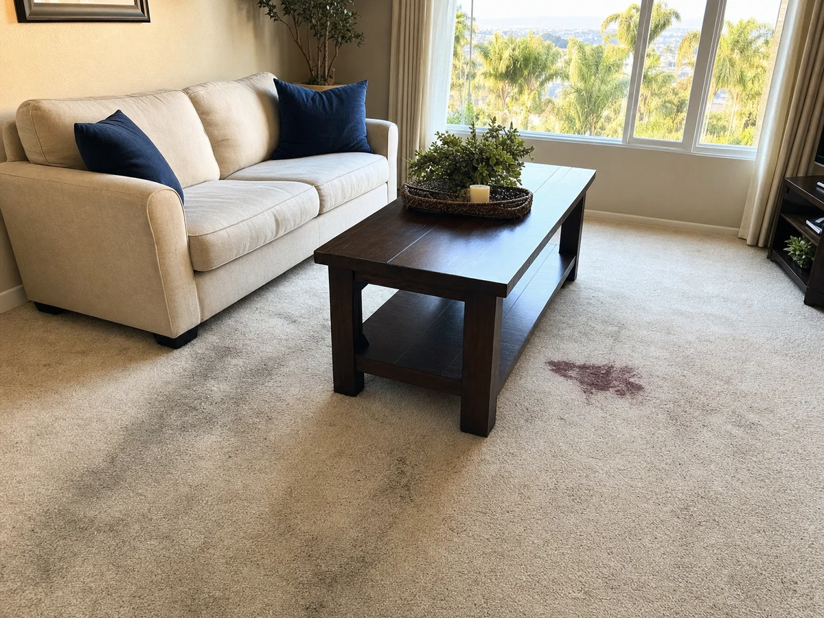 Living room carpet, red wine stain before cleaning
