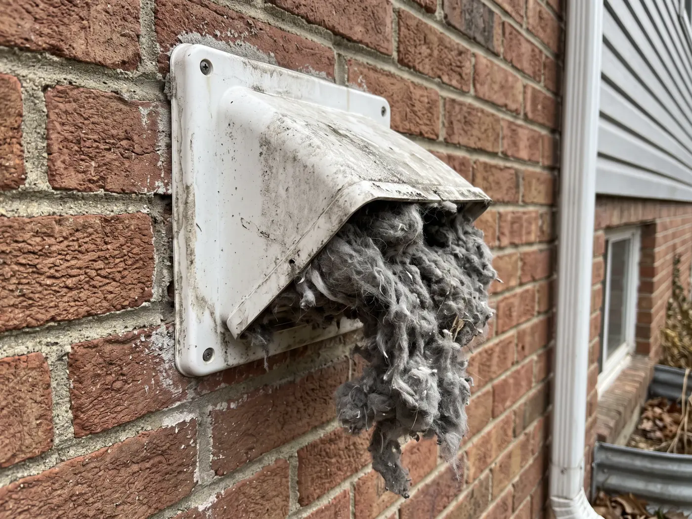 Exterior dryer vent hood, lint packed in the opening beside the cleared hood before cleaning