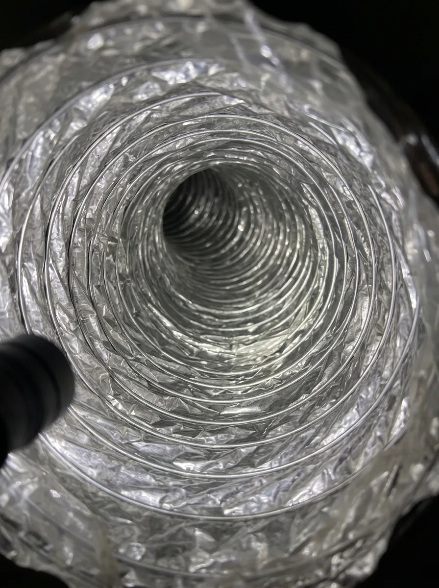 Flexible duct, debris on the ribs beside the cleared liner after cleaning