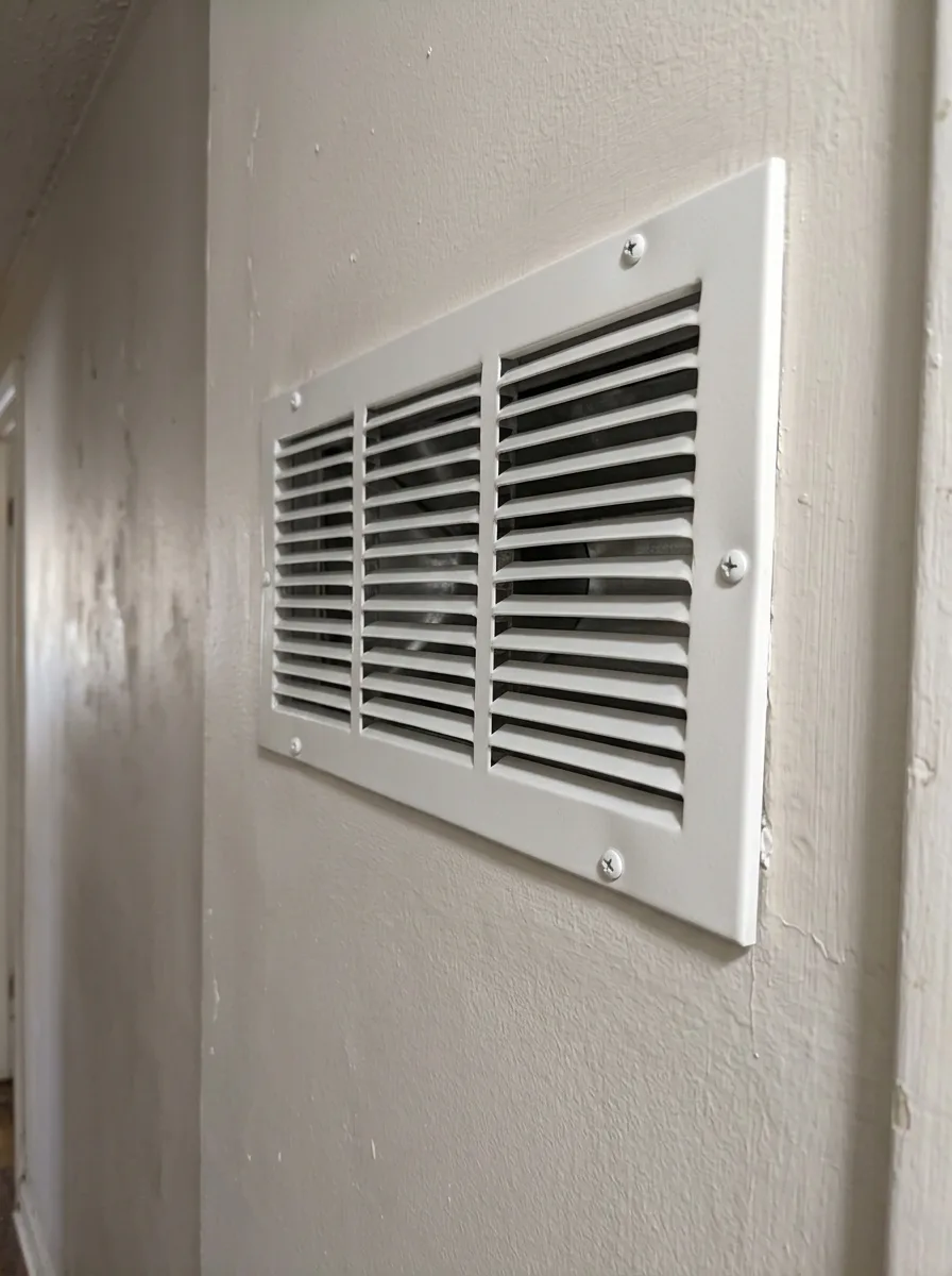 Return air grille, dust on the slats beside the cleared grille after cleaning