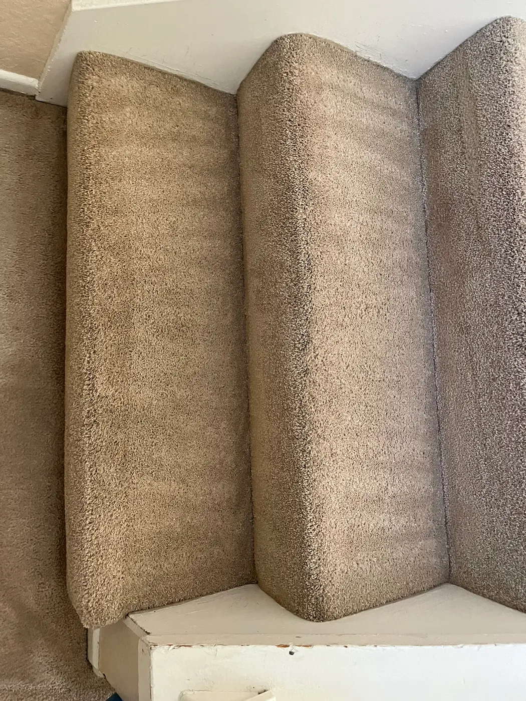Carpeted stairs, soiled treads beside the cleaned stairs after cleaning