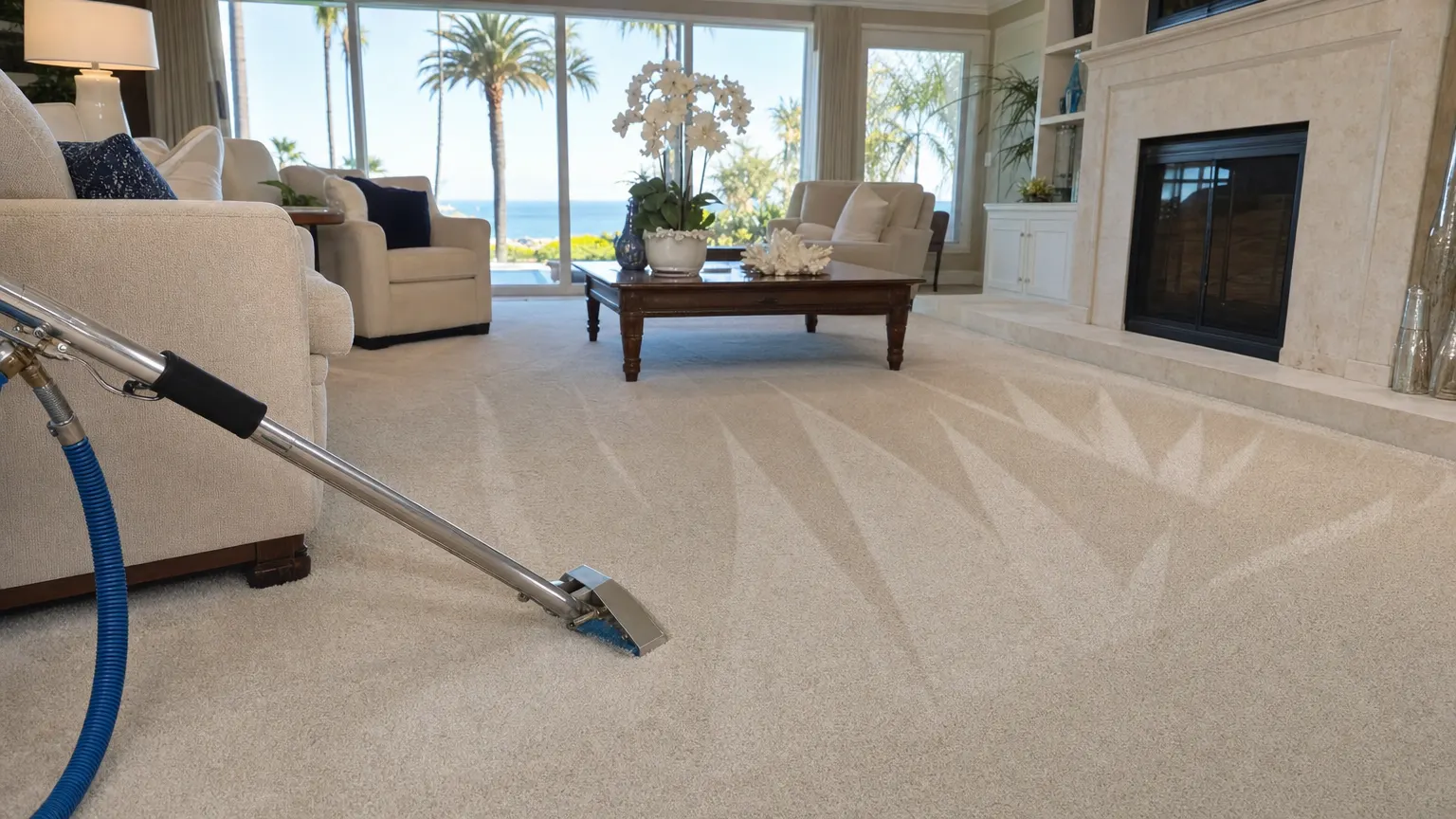 Bright Orange County living room with freshly cleaned carpet and professional cleaning equipment