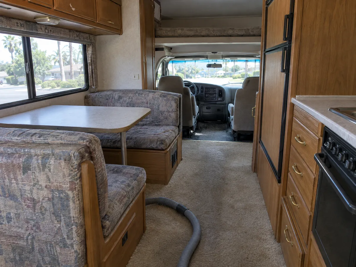 Carpet, dinette, and cab inside a motorhome